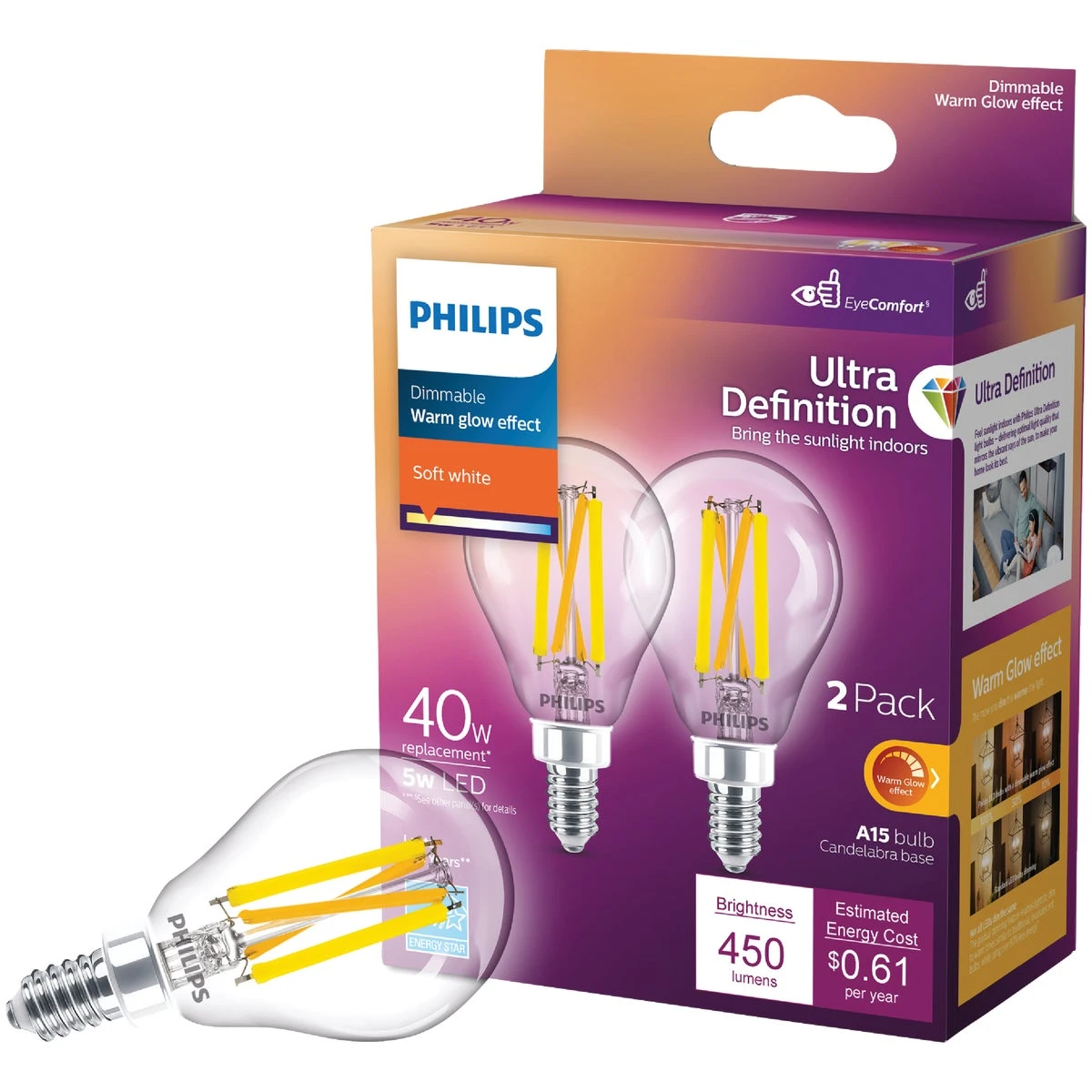 Philips Ultra Definition A15 E12 (Candelabra) LED Bulb Soft White 40 Watt Equivalence 2 pk