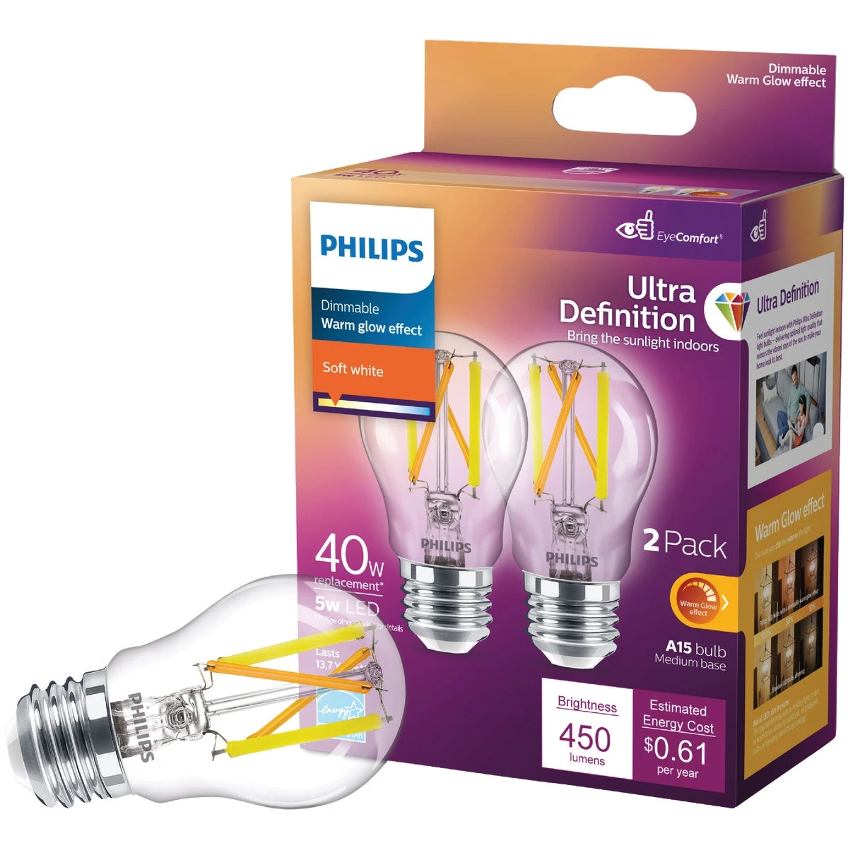 Philips A15 E26 (Medium) LED Bulb Soft White 40 Watt Equivalence 2 pk