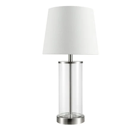 Maya Fillable Clear Glass Table Lamp With White Linen Shade, 19.75-inch
