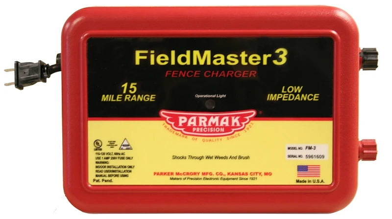 Fieldmaster Model 3 Electric Fence Charger, 15 Mile Range, Low Impedance, Plug-In Power