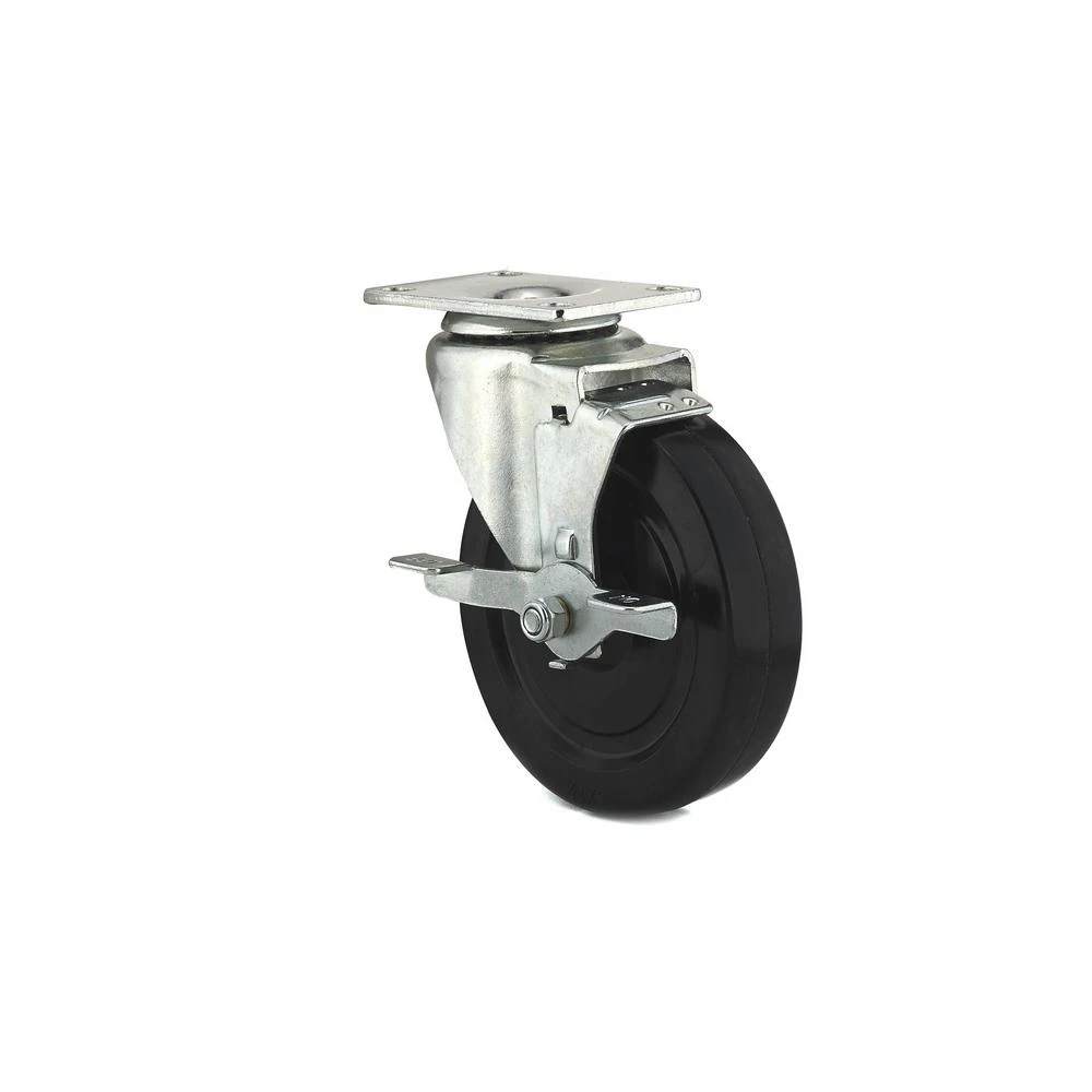 5-inch Rubber Wheel Swivel Plate Caster With Side Brake And 297 Lb Load Capacity