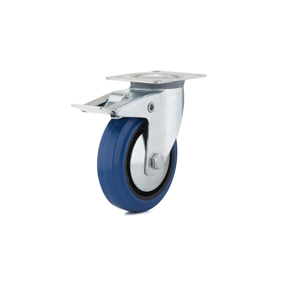 5-inch Heavy-duty Blue Elastic Rubber Swivel Plate Caster With Full Lock Brake