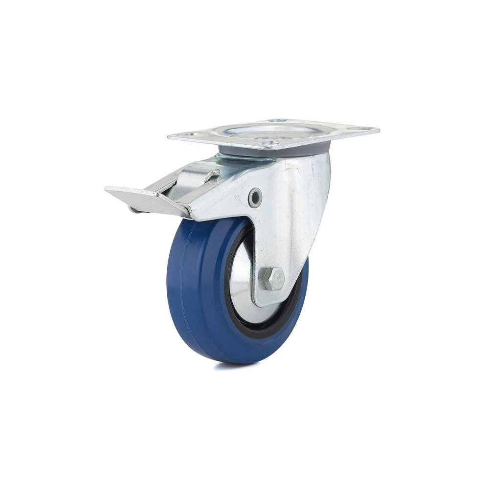 4-inch Heavy-duty Blue Elastic Rubber Swivel Plate Caster With Brake
