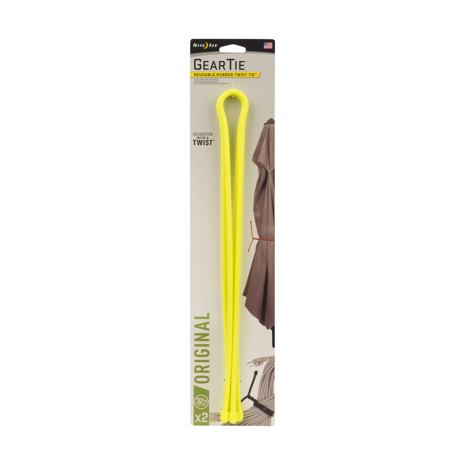 Gear Tie Reusable Rubber Twist Tie, Neon Yellow, 32-In., 2-Pk.