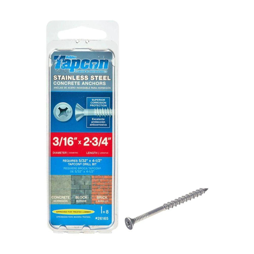 Concrete Screw Anchors, Phillips Head, 3/16 x 2-3/4 In., 8-Pk.