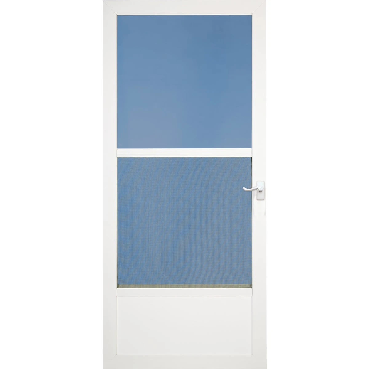 36 In. W X 81 In. H White Self-storing Aluminum Storm Door With Lever Handle