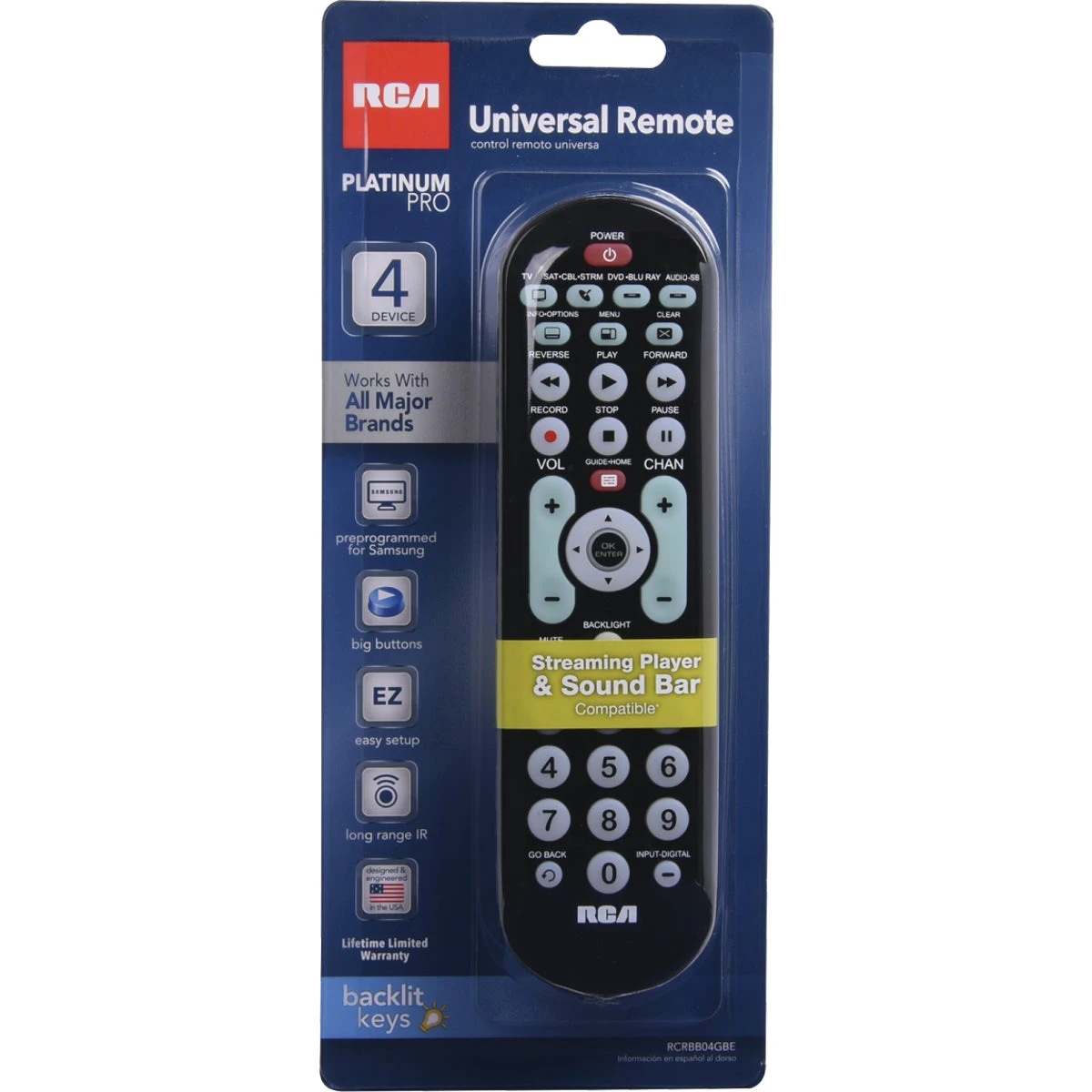 4-device Universal Big Button Remote Control With Green Backlit Keypad