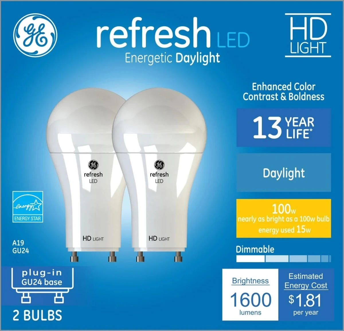 Led A19 Light Bulbs, 15 Watt, 2-pk, Gu24 Base, 1600 Lumens, Dimmable