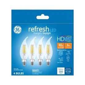 Refresh HD LED Candelabra Light Bulbs, Clear, Daylight, 300 Lumens, 4 Watt, 4-Pk.