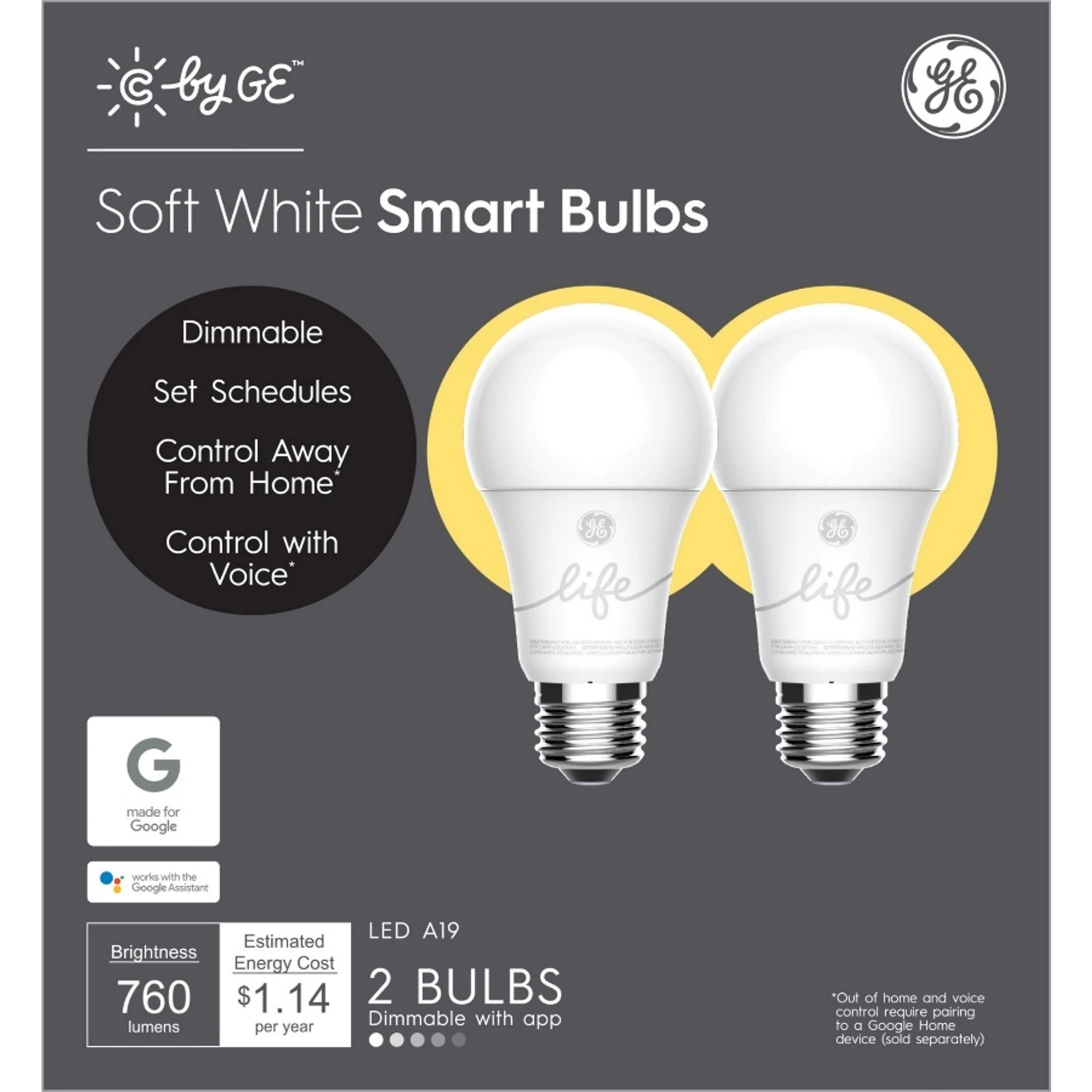 Cync Smart LED Light Bulb, Dimmable, Tunable Soft White Color, A19, 9.5 Watt, 2-Pk.