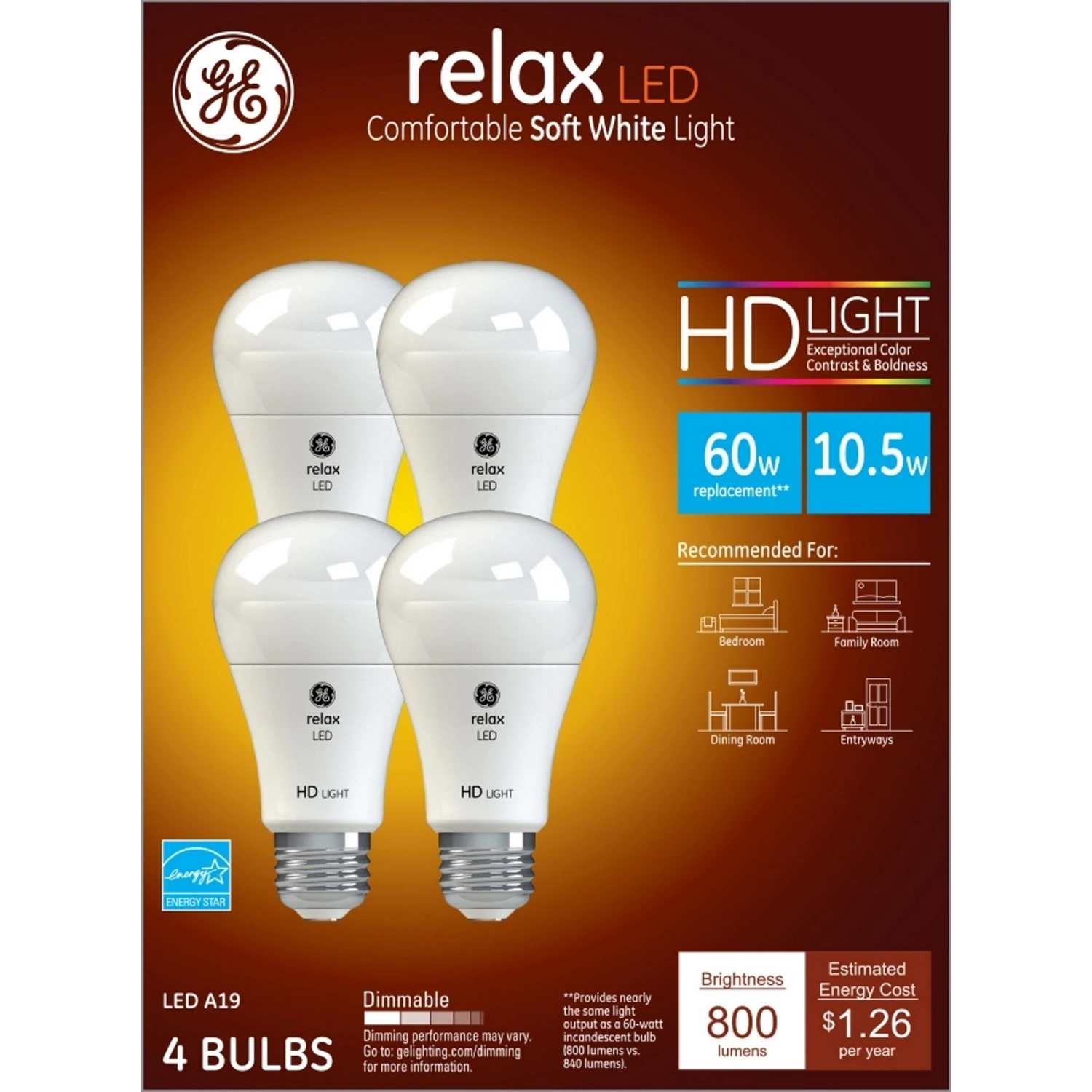 Relax LED HD Light Bulbs, Soft White, 10.5 Watt, 4-Pk.