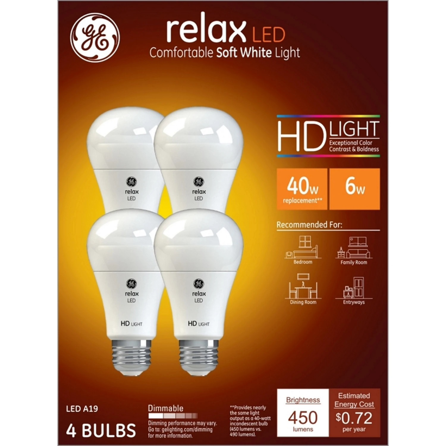 Relax LED HD Light Bulbs, Soft White, 6 Watt, 4-Pk.