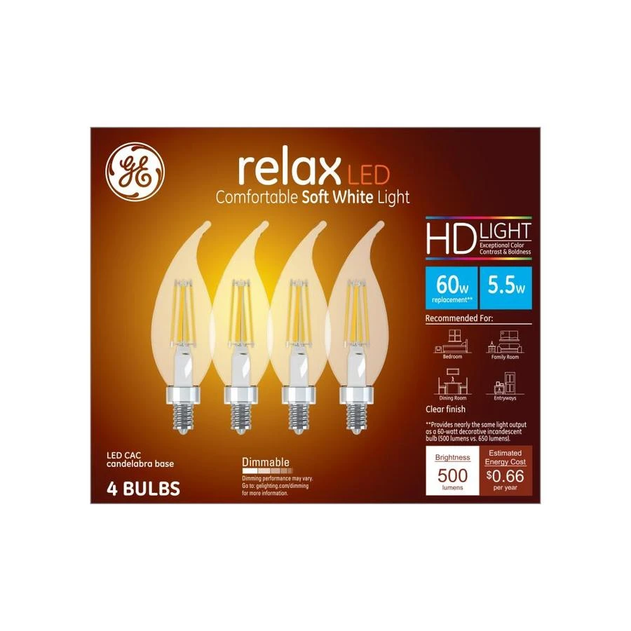 LED Chandelier Light Bulbs, Candle Shape, Soft White, 500 Lumens, 5.5 Watt, 4-Pk.
