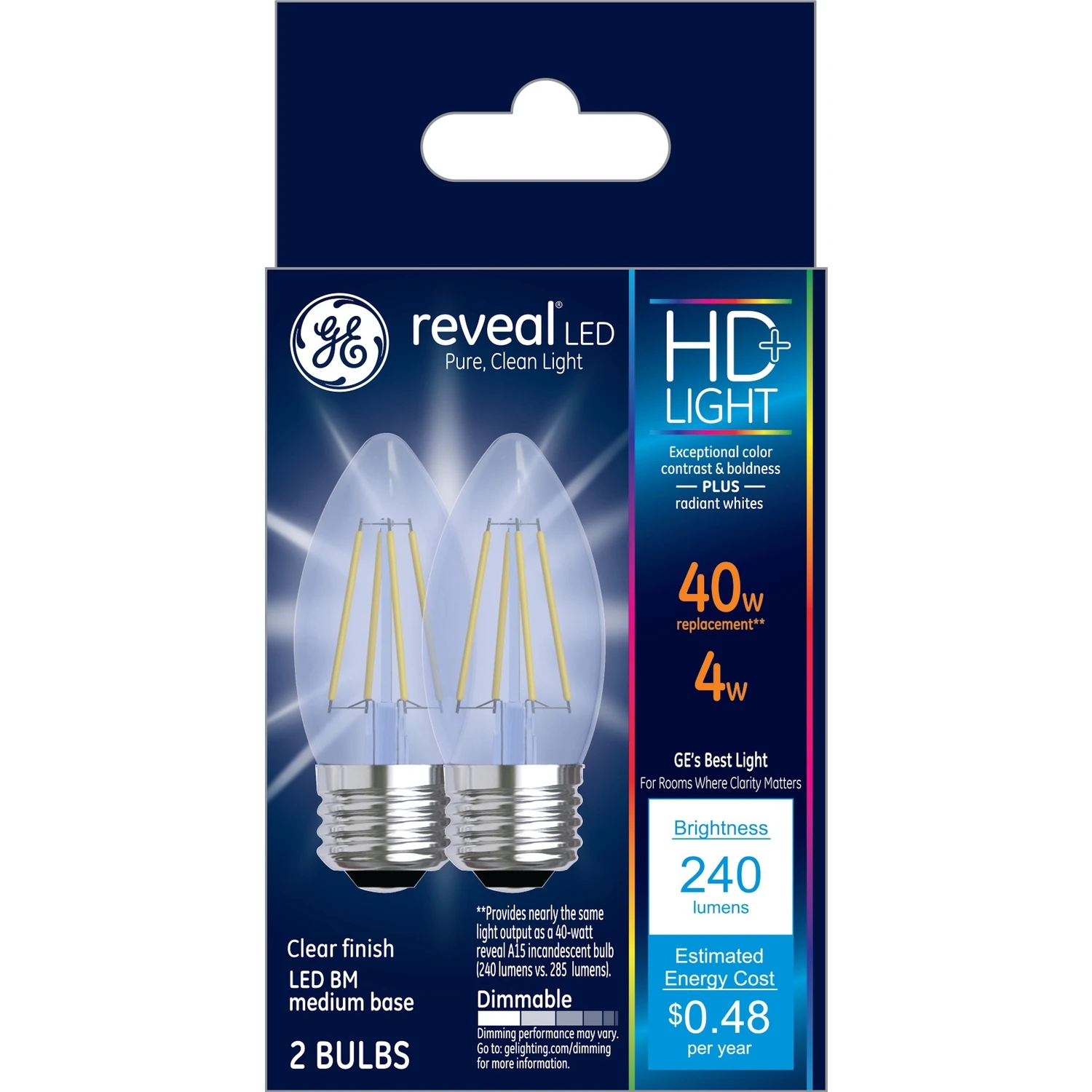Reveal HD+ Decorative LED Light Bulbs, Clear, Dimmable, 240 Lumens, 3.2 Watt, 2-Pk.