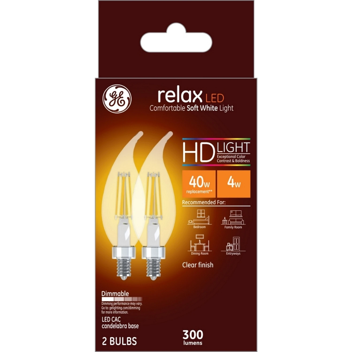 Relax HD Decorative LED Light Bulbs, Candelabra Base, Soft White, Clear, Dimmable, 300 Lumens, 4 Watt, 2-Pk.