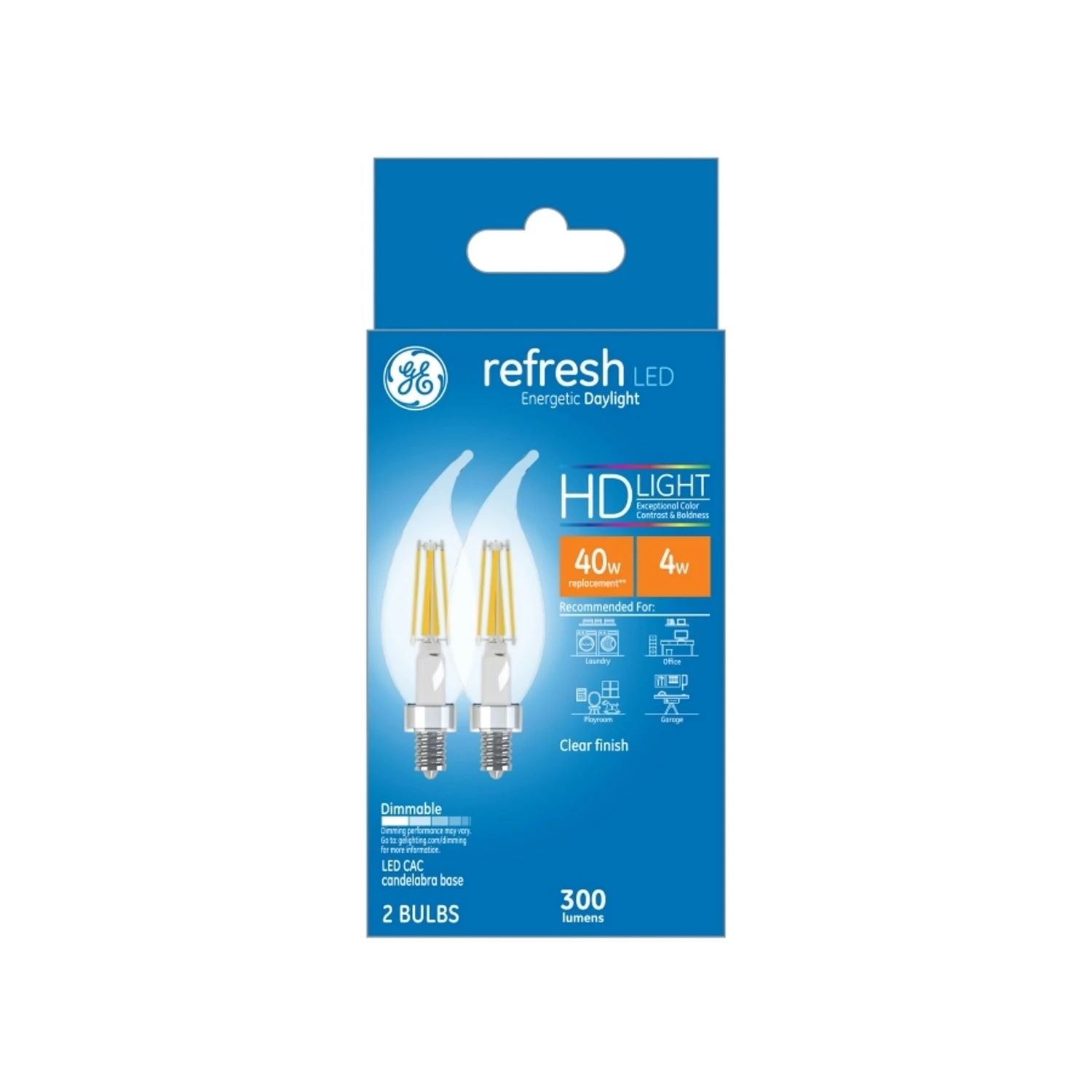 Refresh Hd Decorative Led Bulbs, Candelabra Base, Daylight, 4w, 300 Lumens, 2 Pk