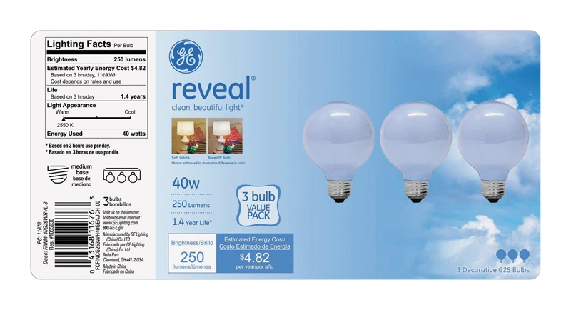Reveal 40-watt G25 Globe Incandescent Bulbs, 3-pk, Medium Base, 1500-hour Life