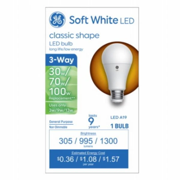 LED Three-Way Light Bulb A19 Medium Base Soft White 3 Watt 9 Watt 13 Watt