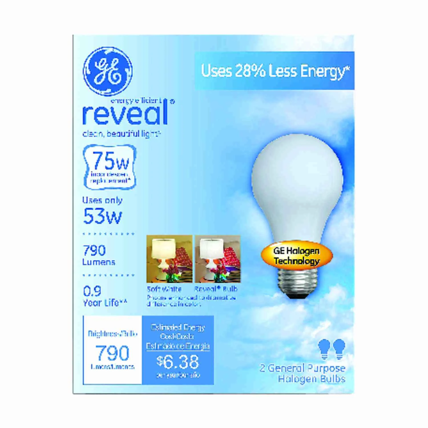 Ge Reveal 53w A19 Halogen Bulb 790 Lumens Soft White 2 Pk A-line 3000k