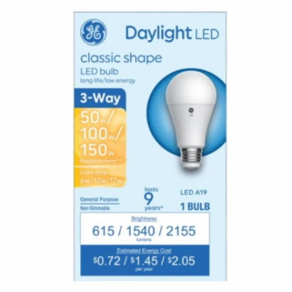 LED Three-Way Light Bulb A19 Medium Base Daylight 6 Watt 12 Watt 17 Watt