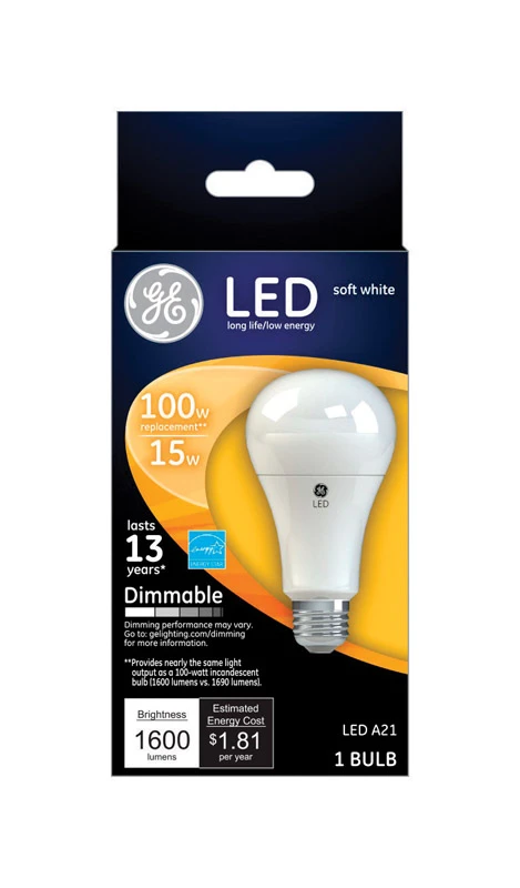 LED Light Bulb, Soft White, Dimmable, 1600 Lumens, 15-Watts