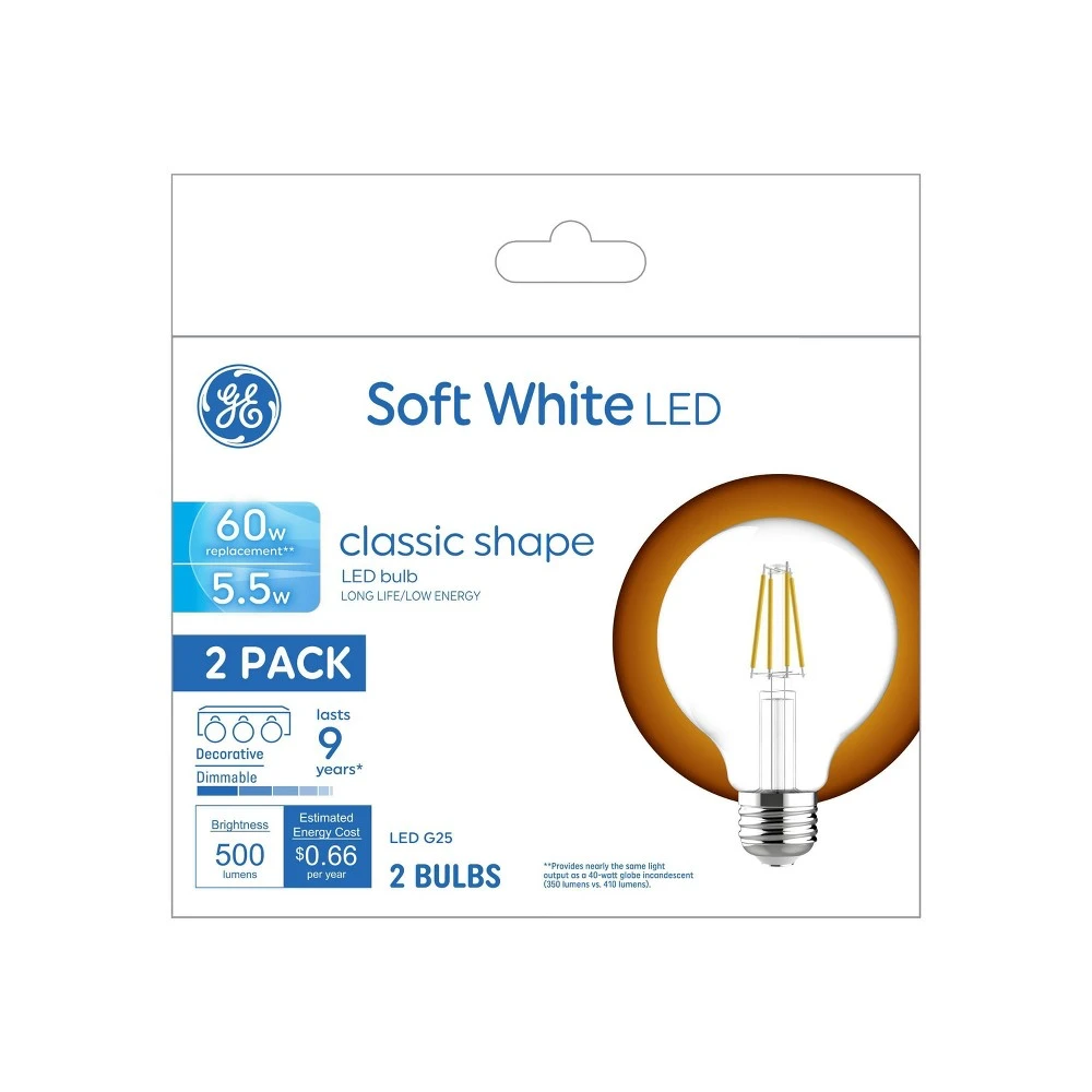 LED Globe Light Bulbs, Clear, 5.5 Watt, 2-Pk.
