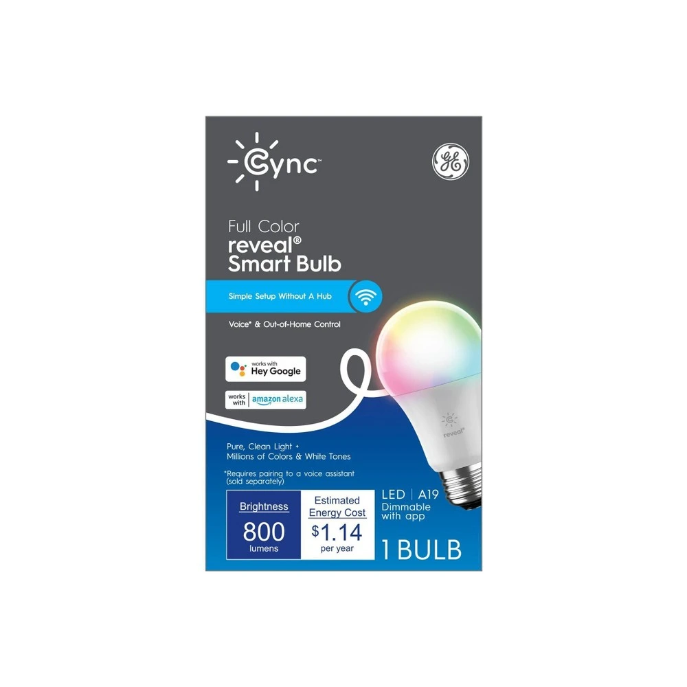 Cync Reveal Full Color Led Smart Light Bulb, A19 Shape, 800 Lumens, 9.5 Watt, Medium Base