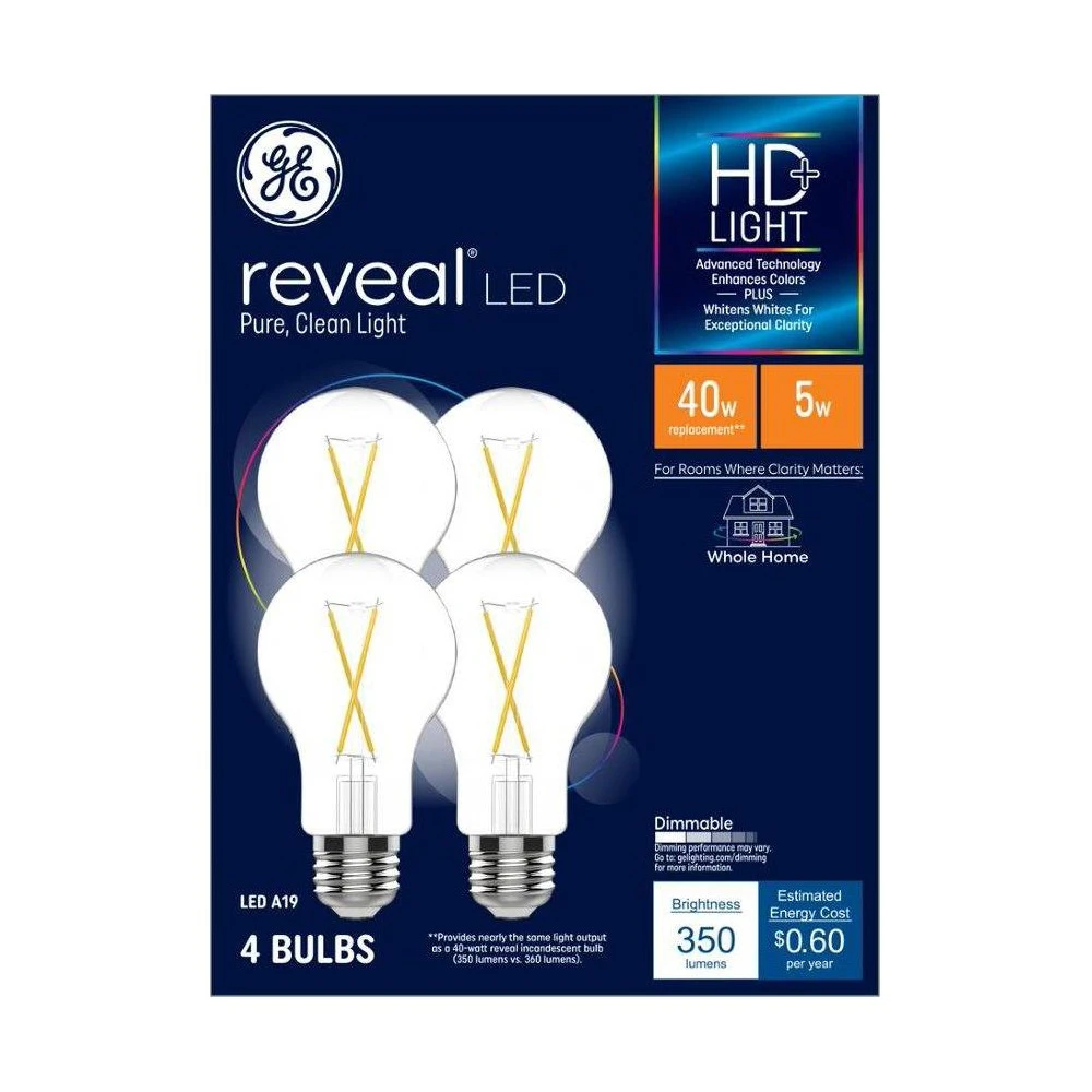 Reveal LED Light Bulbs, Clear, A19, 5 Watt, 4-Pk.