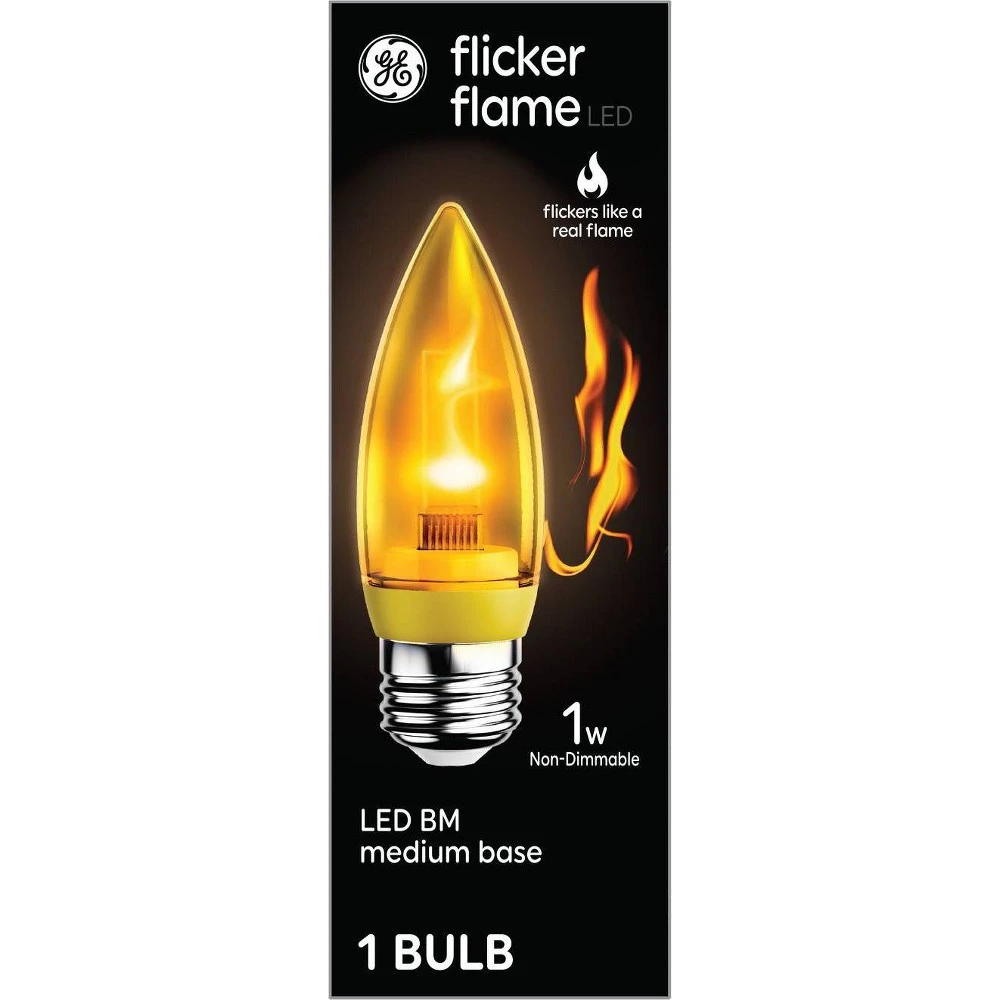 Flicker Flame Decorative Light Bulb, Blunt Tip, Clear Glass, Medium Base, 1 Watt