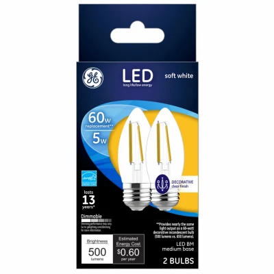 DecorativeLED Light Bulbs, Soft White, Clear, 500 Lumens, 5 Watt, 2-Pk.