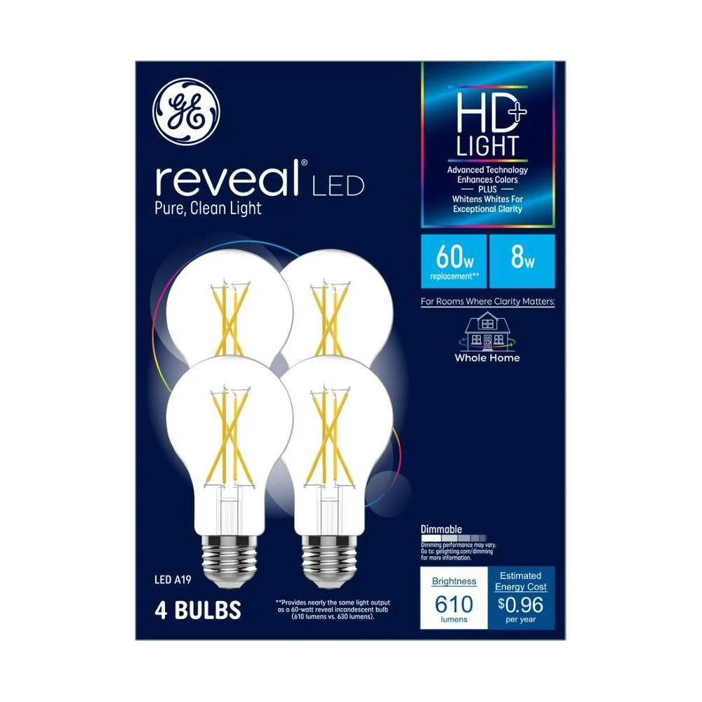Reveal LED Light Bulbs, Clear, A19, 8 Watt, 4-Pk.