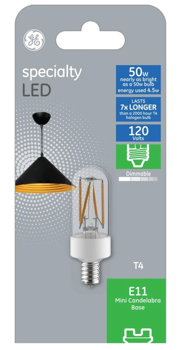 4 Watt Led T4 Filament Light Bulb, 500 Lumens, Dimmable, Mini Candelabra Base