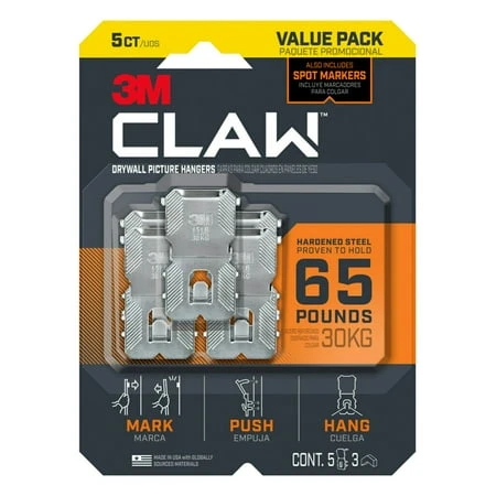 CLAW Drywall Picture Hanger Set, Holds Up to 65 Pounds, Includes 5 Hangers and 3 Temporary Spot Markers