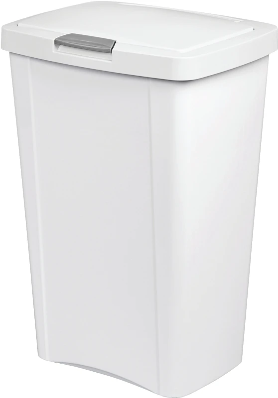 Touch Top Kitchen Wastebasket, 13-gal, White With Titanium Latch