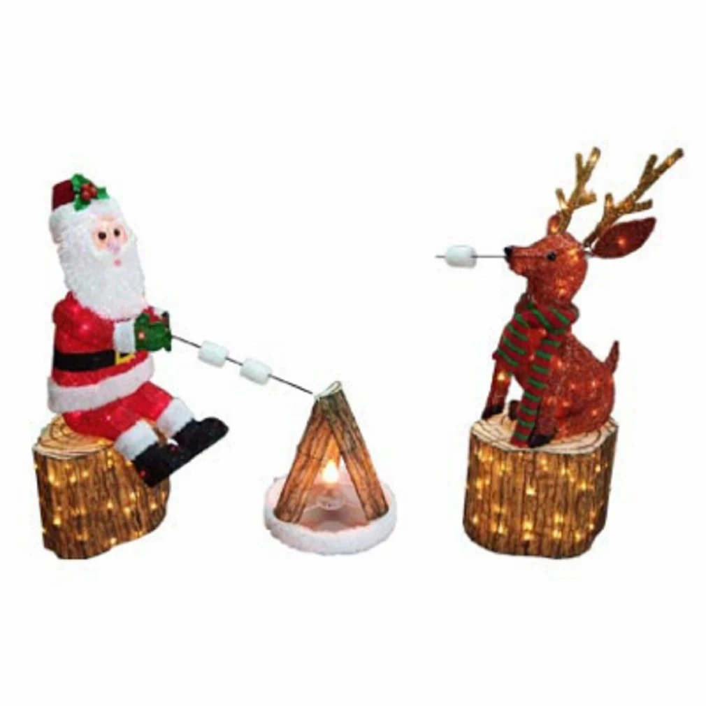 Three Piece Santa Claus and Reindeer Campfire Light Set with Red and White Bulbs