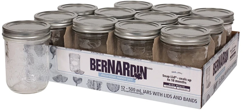 Decorative Wide Mouth 500 Ml Mason Jars, 12 Count With Lids & Labels, Model 20500