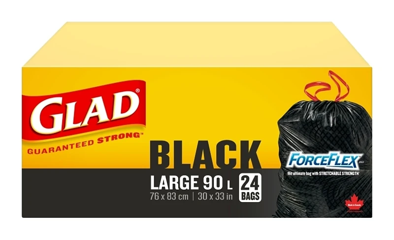 Black Garbage Bags - Large 90 Litres - Forceflex Drawstring - 24 Count