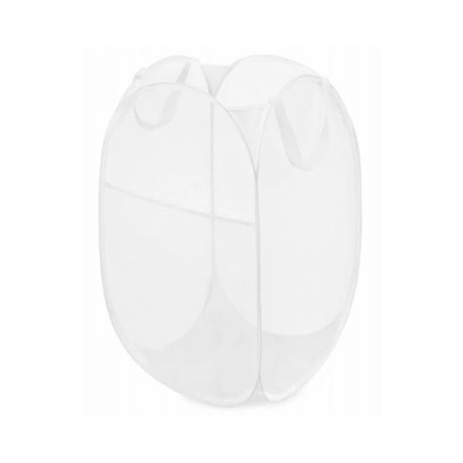 Pop and Fold Collapsible Laundry Hamper with White Mesh Fabric and Wire Frame