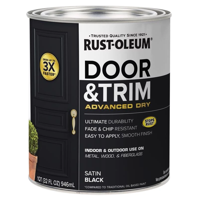 Door and Trim Paint, Interior and Exterior Use, Water Based Satin Finish, Black, Quart