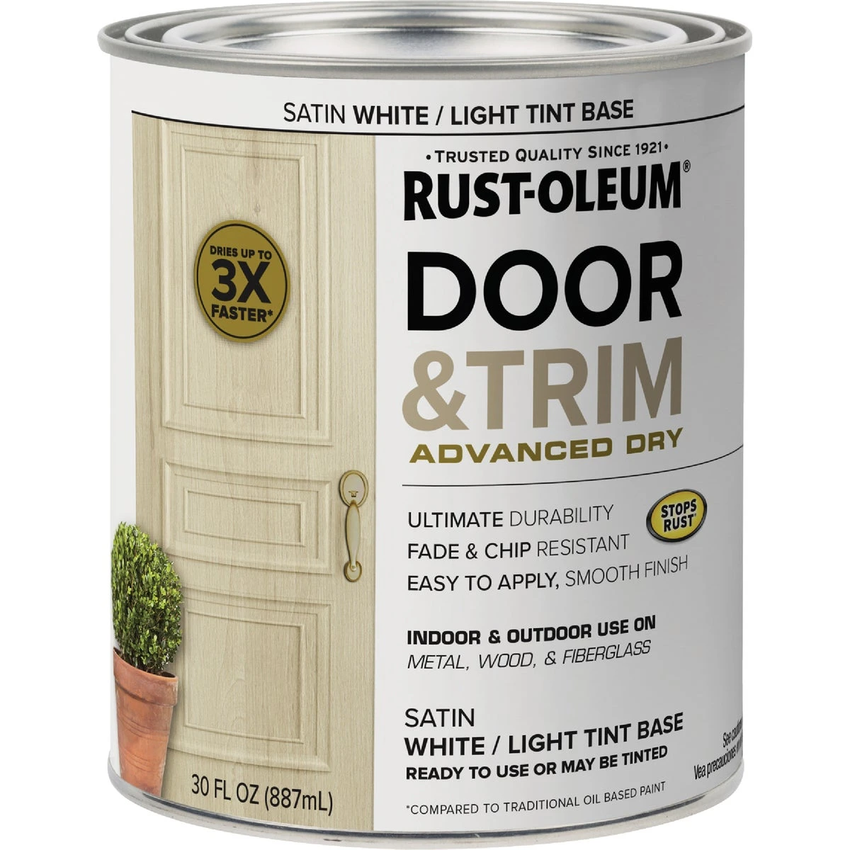 Quart of Interior and Exterior Door and Trim Paint, Water Based, Satin Finish, White Light Tint Base