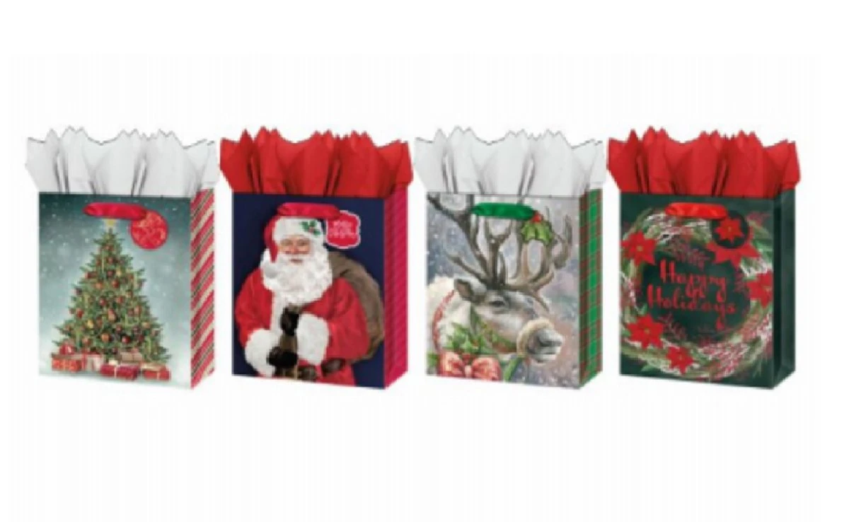 Large Christmas Traditional Theme Papercraft Gift Bag With Satin Ribbon - Model Ig133563