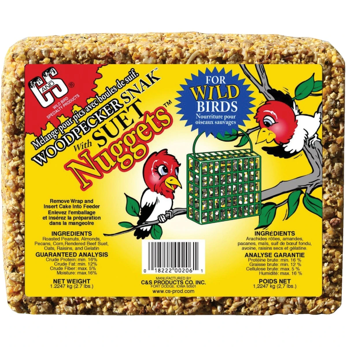 2.7 Lb. Woodpecker Snack With Peanut Suet Nuggets - Premium Bird Food Cake