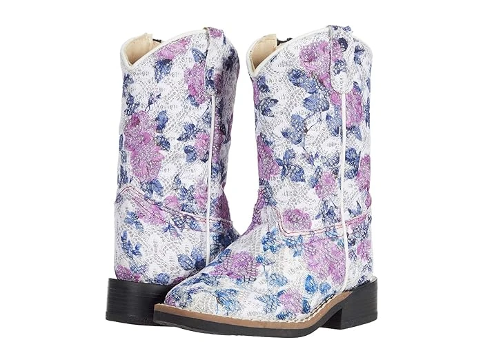 Toddler's All Over Leatherette Broad Square Toe Boots With Floral Design