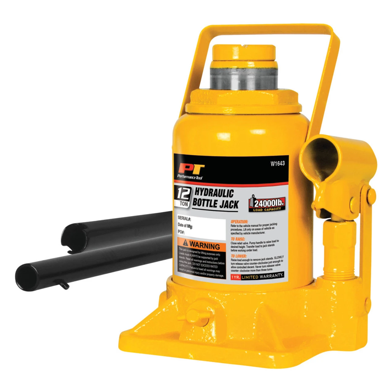 12 Ton Shorty Hydraulic Bottle Jack, Model W1643