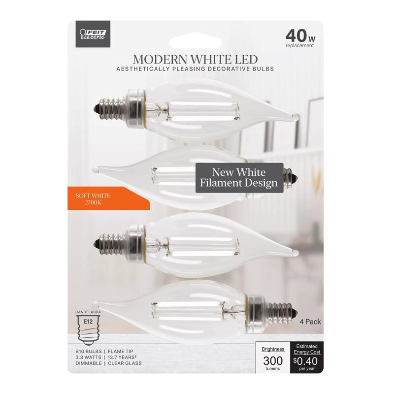 Feit LED White Filament BA10 E12 (Candelabra) Filament LED Bulb Soft White 40 Watt Equivalence 4 pk