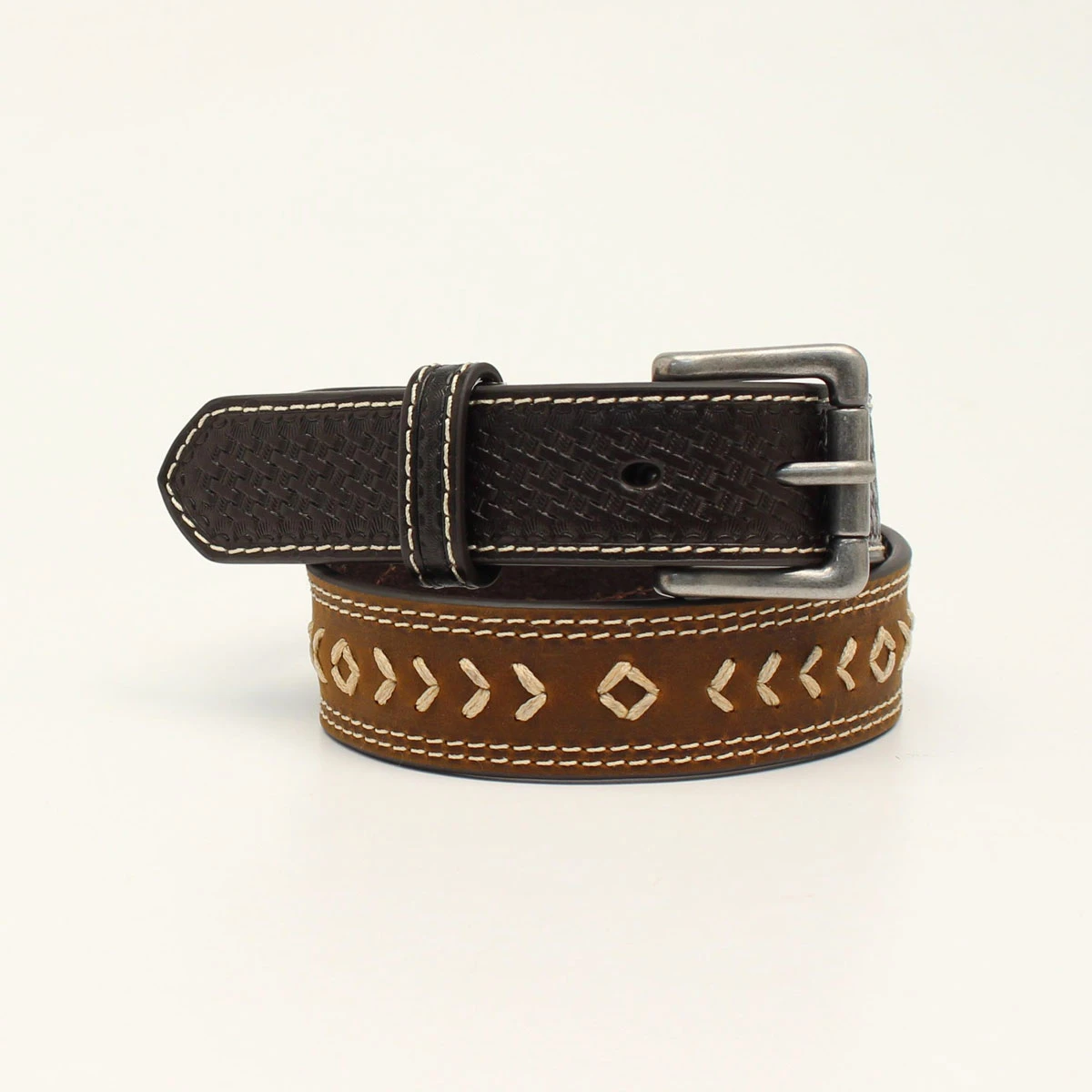 D120000144-28 1.25 In. Boys 3d Arrow Sketch Basket Weave Tabs Belt, Medium Brown - Size 28