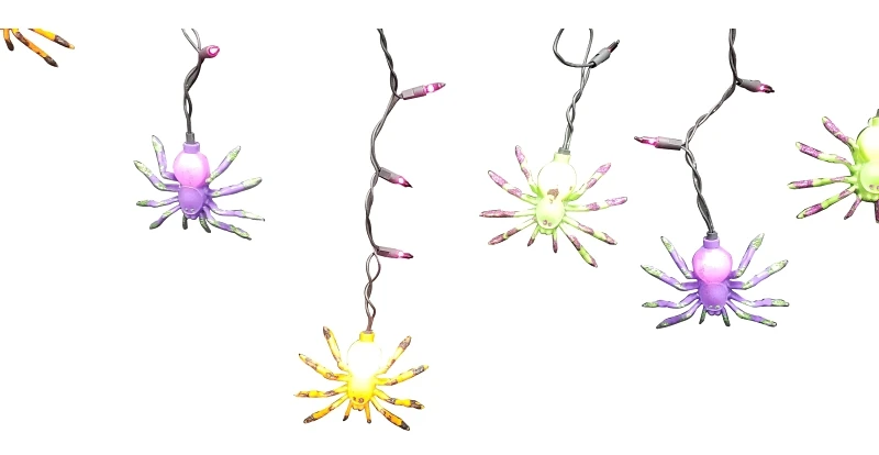 35 Purple Mini Spider Icicle Halloween Lights - 6 Ft Black Wire With 12 Spiders