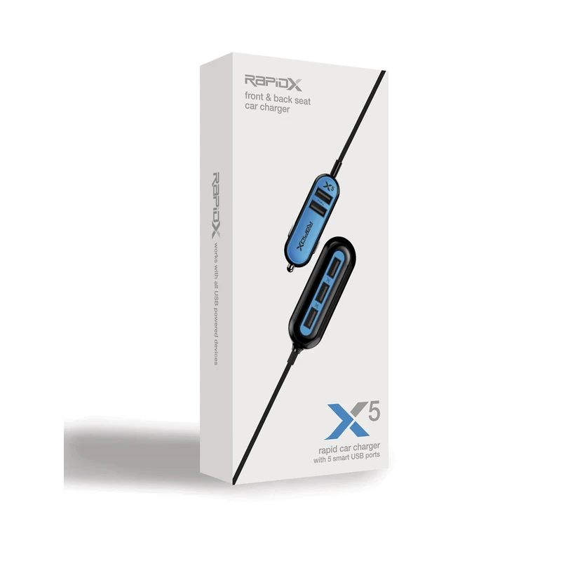 X5 5-port Usb Car Charger For Fast Charging - Black/blue