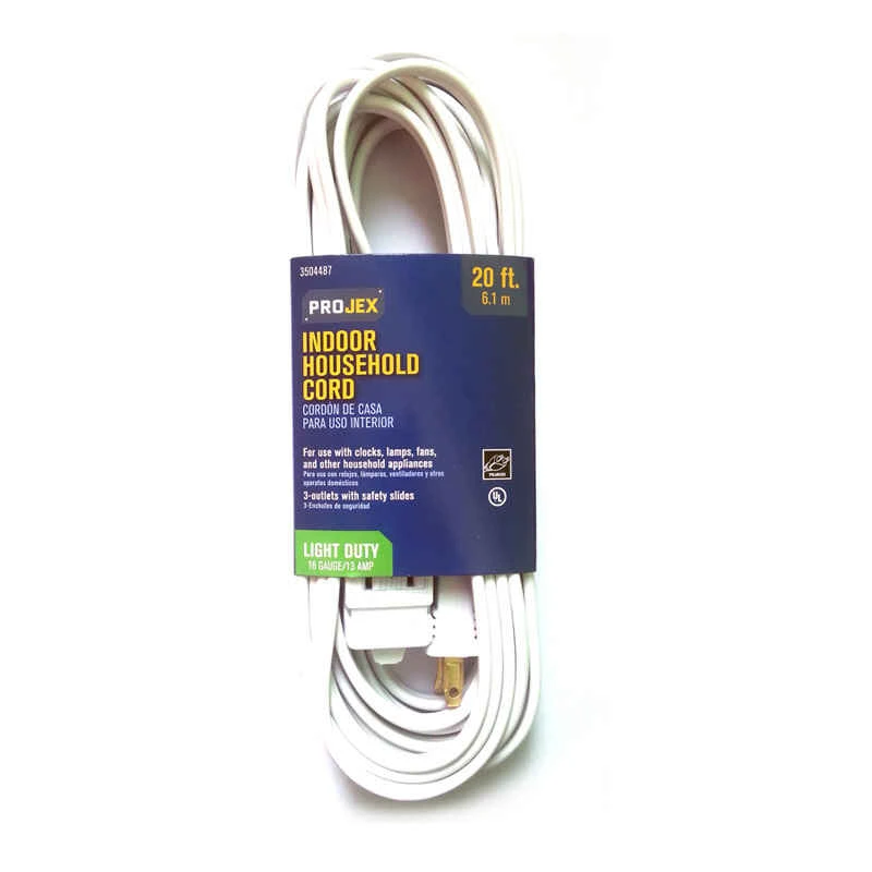 Indoor 20 Ft. White Extension Cord 16/2 Spt-2 With 3 Outlets
