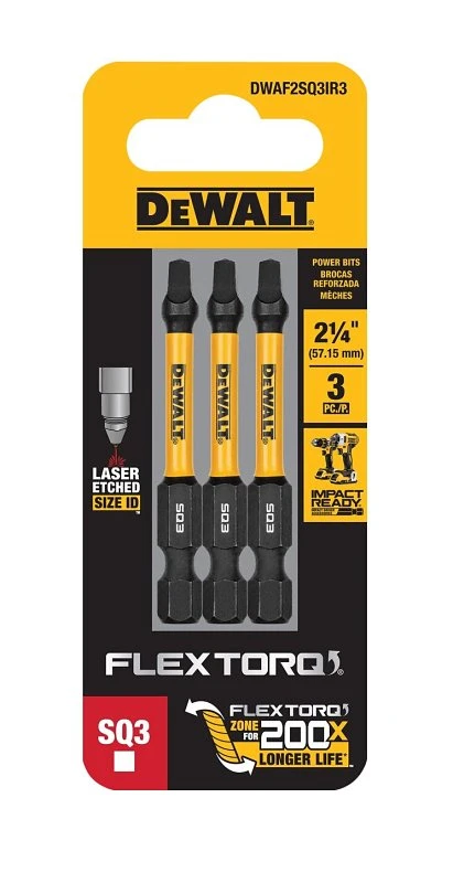 FlexTorq Number Three Square Driver Bits, Two and One Quarter Inch Length, Three Piece Pack
